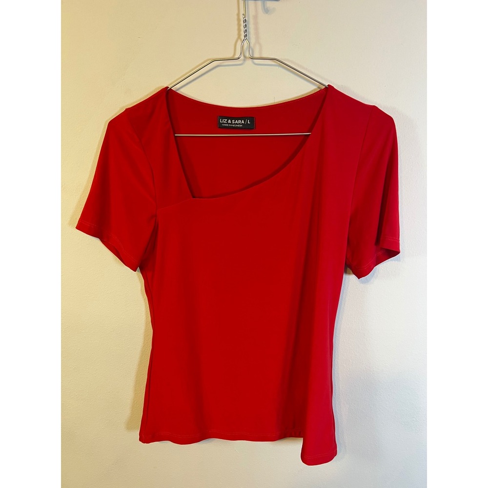 Liz & Sara Womens Top Asymmetrical Neck Red L